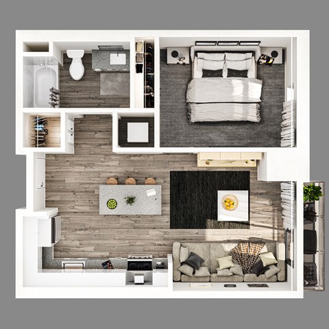 Floor plan for 1 bed, 1 bath, 611 sqft